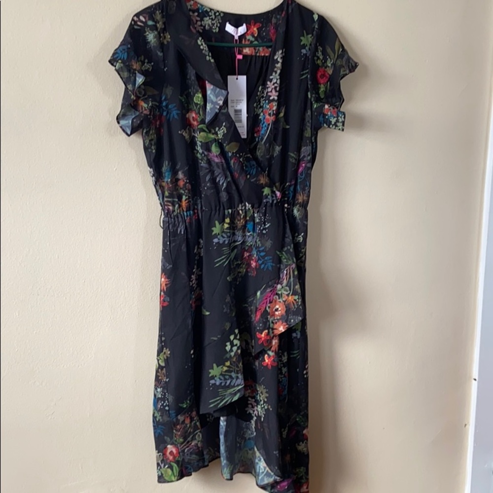 Parker Black Floral Asymmetrical Dress Silk Feel Ruffle Hem Romantic Boho M NWT